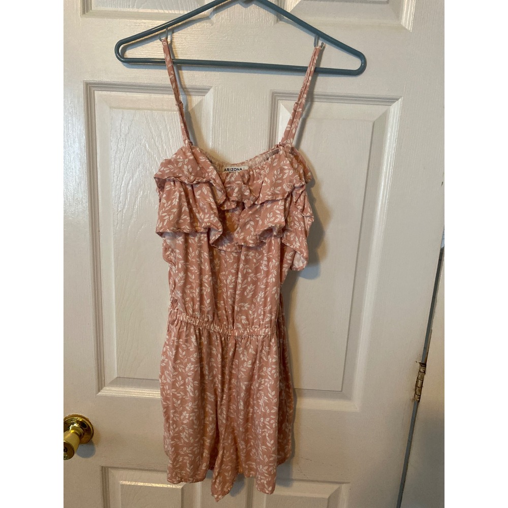 Arizona Jean Co Pink Floral Ruffle Romper Adjustable Straps Pockets Large